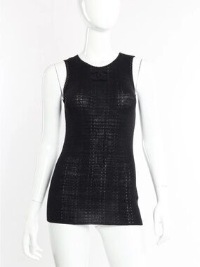Chanel Ribbed Knit Tank Top with Raised Embroidered Logo | Black | US Size 2-4